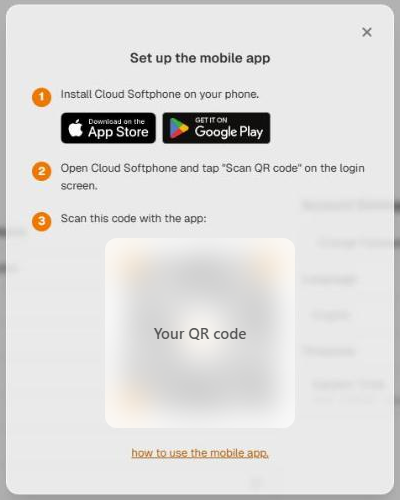 Fenêtre de configuration de l’application mobile avec les liens des boutiques et un code QR (masqué ici)