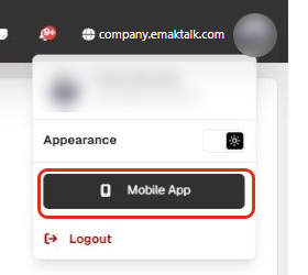 Menu du profil dans l’application Web EMAK avec le bouton Mobile App encadré